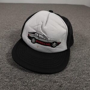 Vintage Porsche Car Hat Cap Snap Back Black White MOJA Trucker Mesh Mens 80s